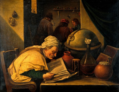 An alchemist in his laboratory. Oil painting by a follower of D.Teniers Younger